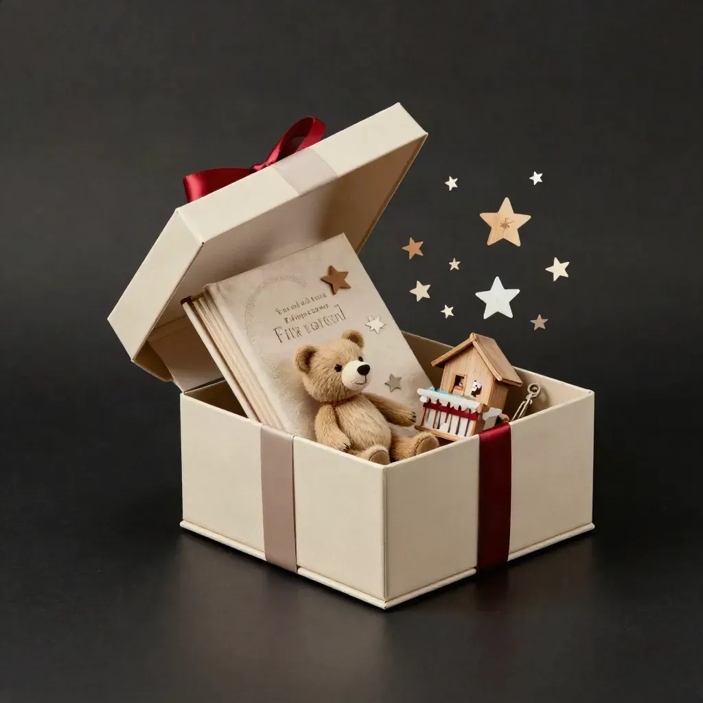 Scatola regalo avorio con libro, peluche, stelline e decorazione nursery in scena buia