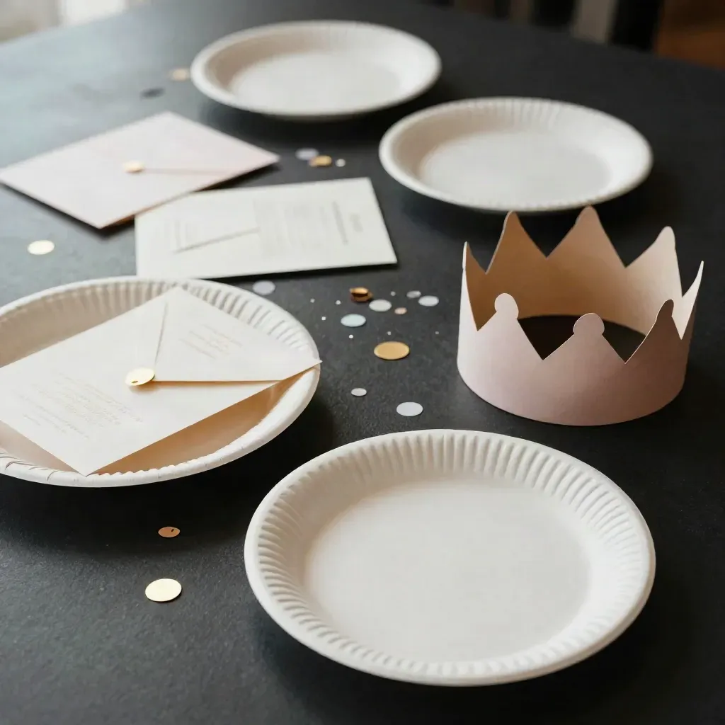 Set festa principessa con piatti, inviti e coroncina su fondo nero, luce drammatica