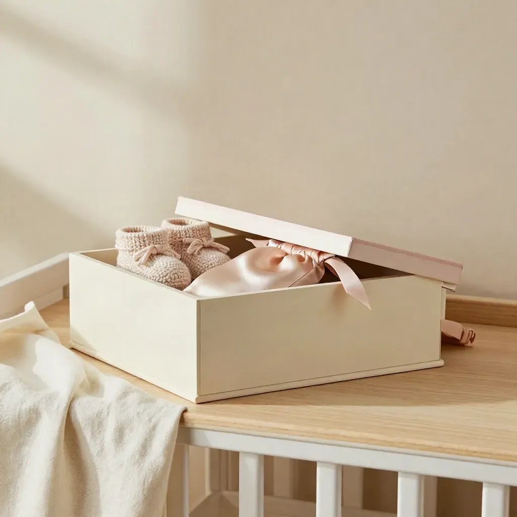 Scatola ricordi in legno chiaro con piccoli ricordi bebè e dettagli rosa cipria