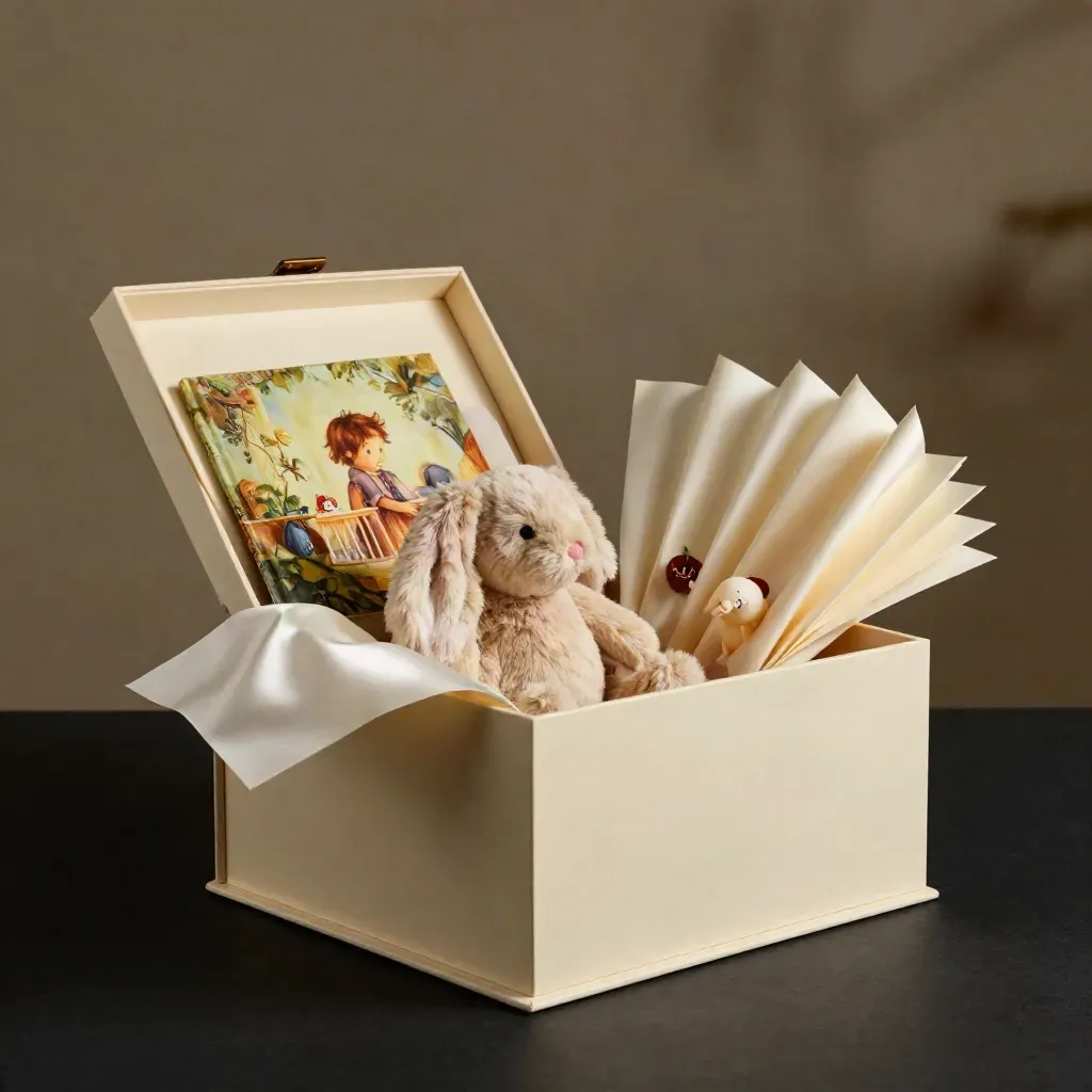 Scatola regalo avorio con libro illustrato, peluche e carta velina su fondo nero.