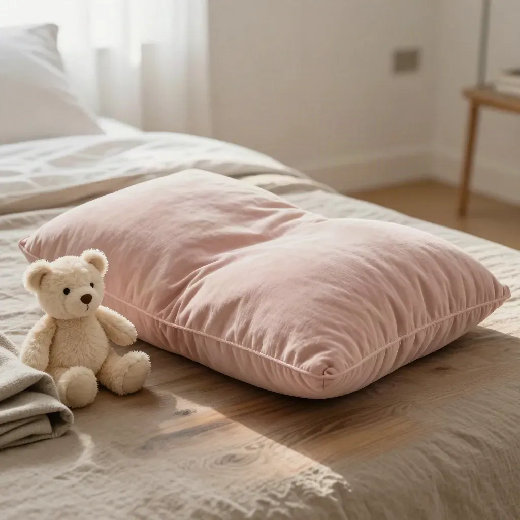 Cuscino rosa in cotone su letto basso con peluche e coperta neutra, luce soffusa.
