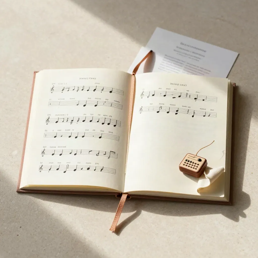 Libro delle Canzoni chiuso con segnalibro tessile, carillon e nastro morbido su pietra chiara.