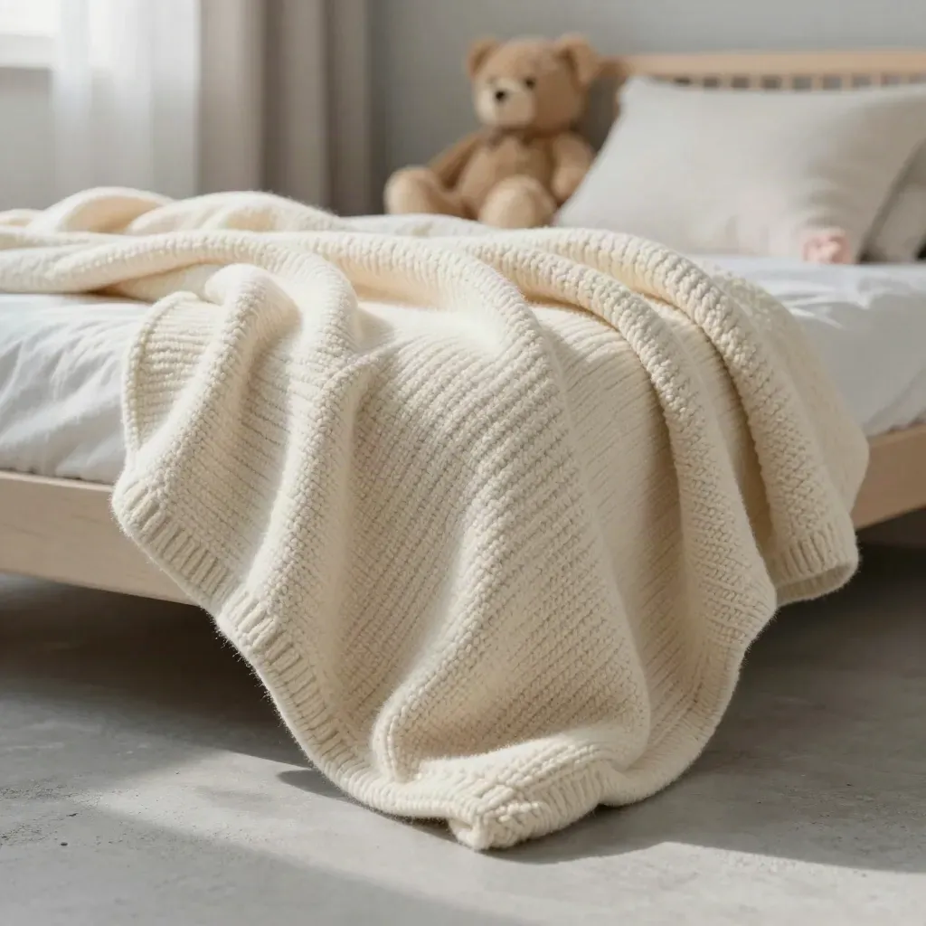 Coperta in maglia crema su lettino basso, con orsetto sfocato e luce morbida.