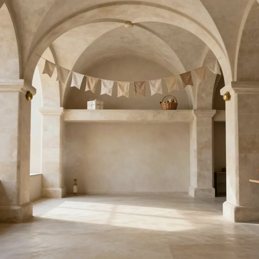Interno fiabesco con arcate di pietra, bandierine neutre e pavimento chiaro in calce.