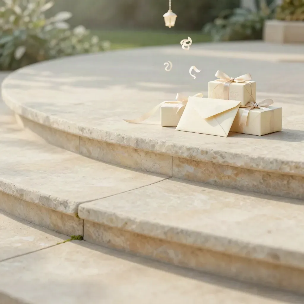 Terrazza in pietra chiara con inviti e nastri ciliegia, giardino morbido e dettagli festosi sfocati.